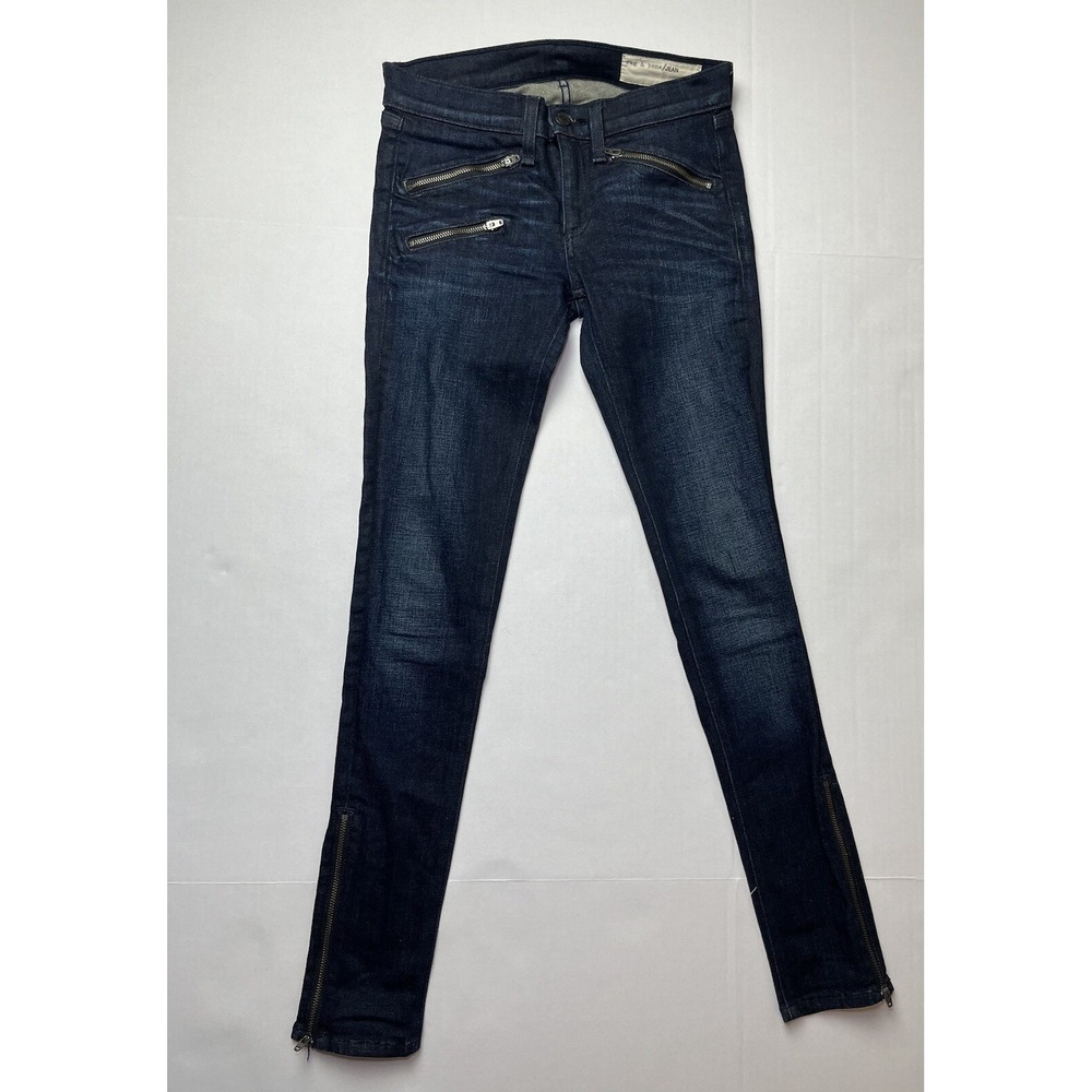 Rag & Bone Dark "Kensington" Wash Skinny Blue Jeans W/ Zipper Cuffs, Size 25